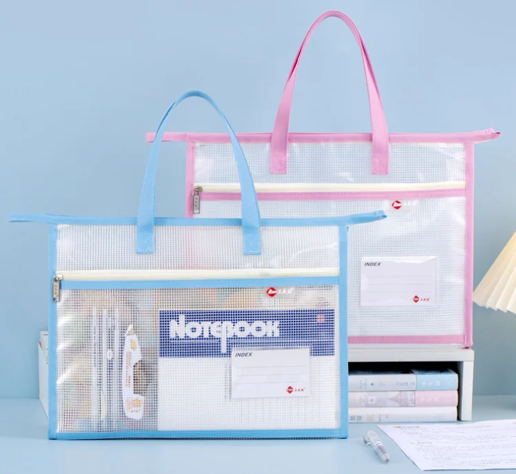 Purple PVC zipper bag with fabric layer, open to show the internal pocket and handle