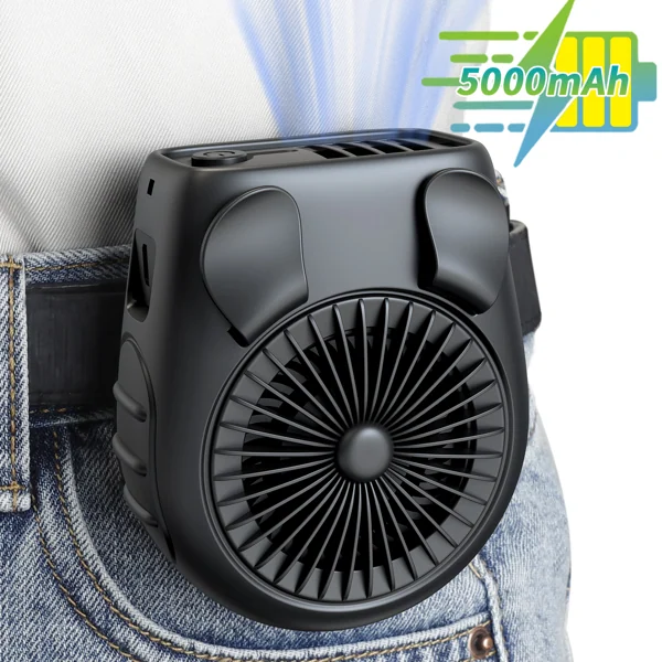 Fan worn around the neck with the included rope, showing the dual-use design