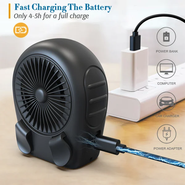 Black belt fan charging via USB cable with icons showing compatible power sources like power bank and computer.