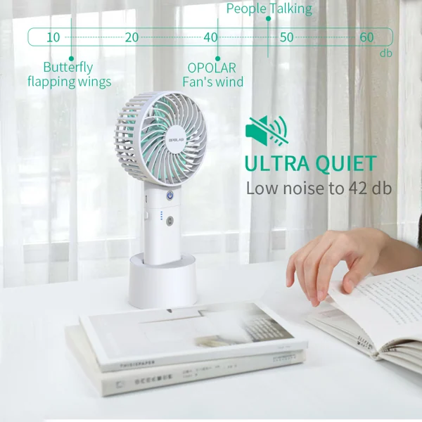 White handheld fan displayed on a table with an infographic comparing noise levels to a quiet 42 decibels.
