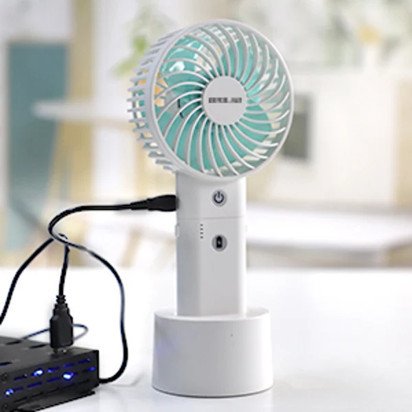 Fan in use at a campsite, blowing air on a person's face