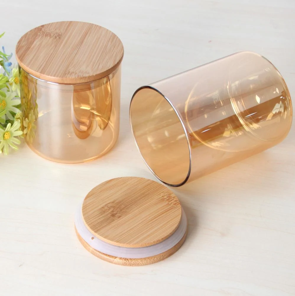 Amber glass storage jars with bamboo lids, one tilted open, and a lid with silicone seal on a white surface