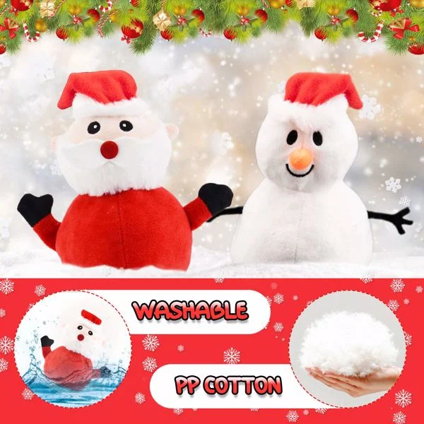Reversible Santa Claus and snowman plush toys with text overlays reading wash