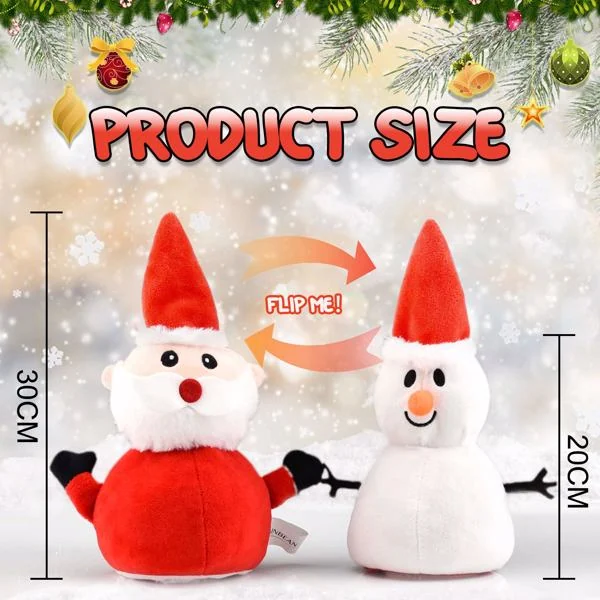 Size chart showing reversible Santa Claus and snowman plush toys, 30cm and 20cm tall, with flip instruction