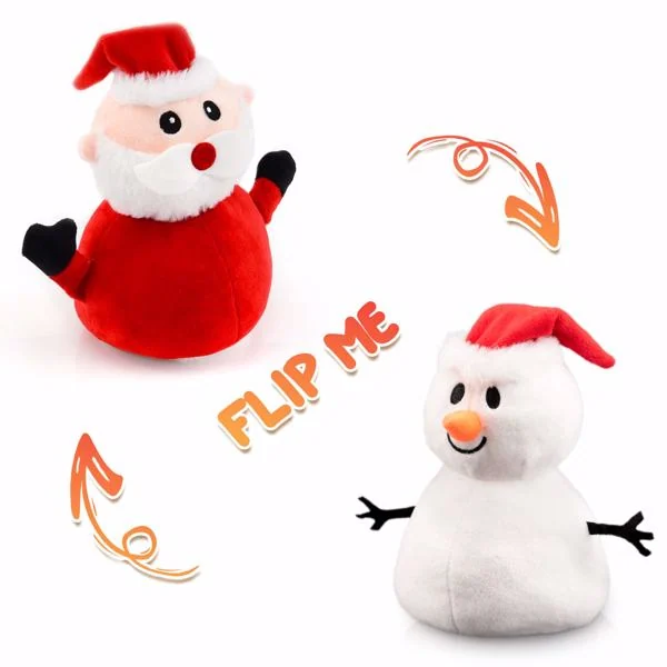 Reversible Christmas Santa Claus plushie with Santa on one side and snowman on the other, standing upright