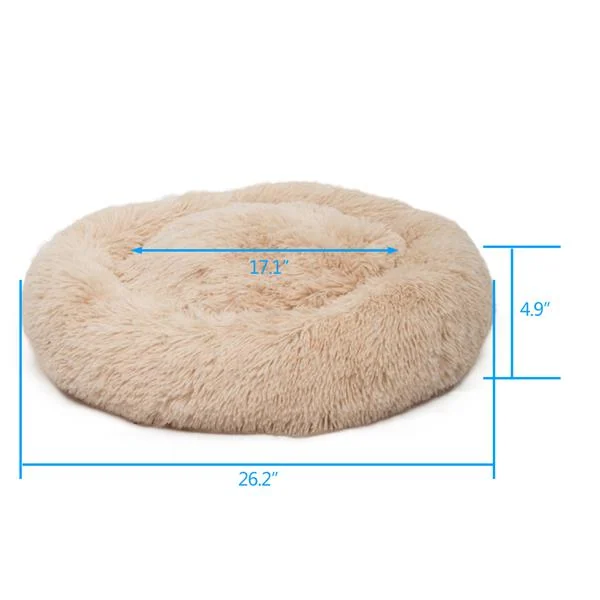 Round light yellow plush calming pet bed on white background with dimension lines marking 26.2 inch diameter, 17.1 inch inner width and 4.9 inch height