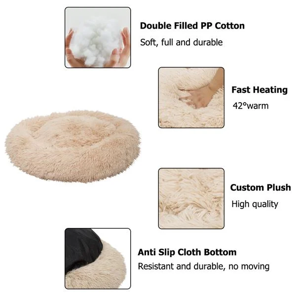 Feature diagram of light yellow round plush pet calming bed showing filling, heating, plush, and anti-slip bottom.