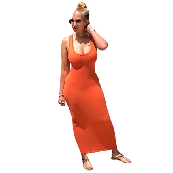 Side profile of the sleeveless backless robe dress showing length and fit
