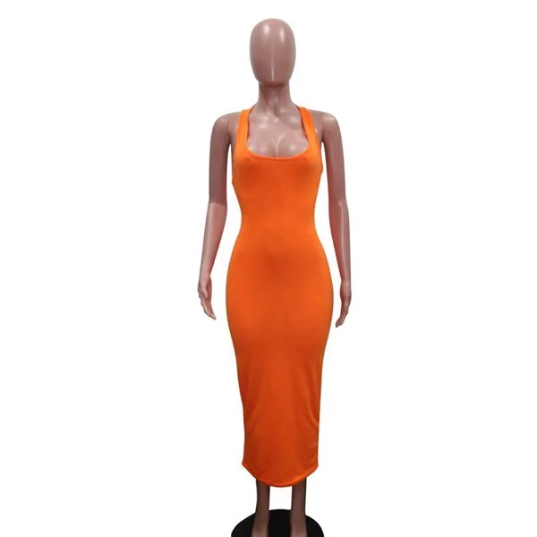 Orange sleeveless bodycon midi dress with low back displayed on a faceless mannequin against a plain white background