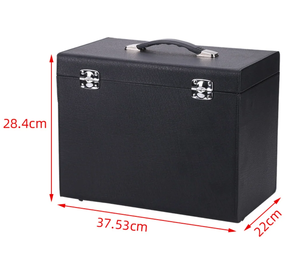 Black hard carrying case with handle and metal latches shown with dimension arrows reading 37.53cm, 22cm and 28.4cm
