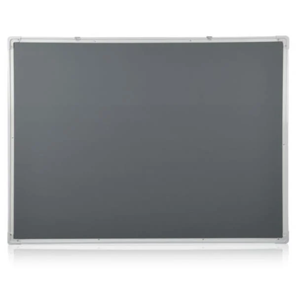 Rectangular gray magnetic board with silver aluminum frame shown on a white background