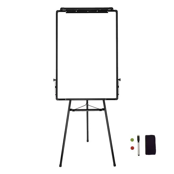 Black-framed magnetic dry-erase whiteboard on a tripod stand with magnets, marker and eraser beside it