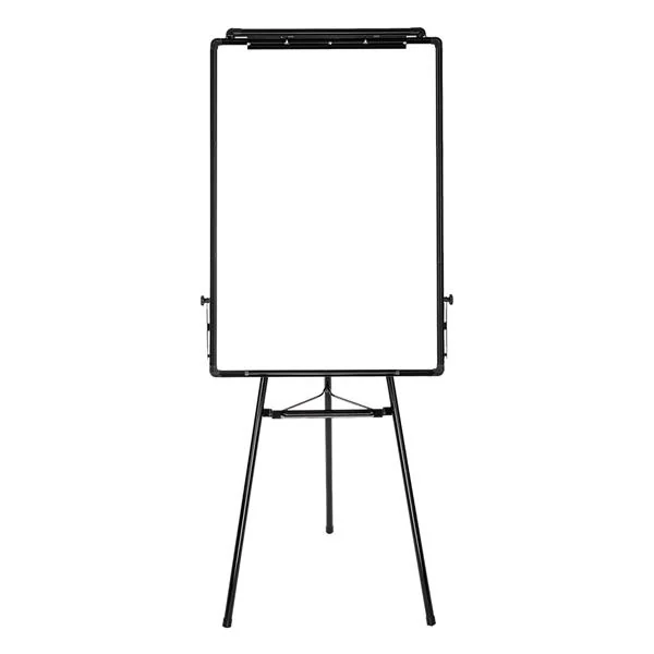 Blank dry-erase whiteboard with black frame and marker tray mounted on a black tripod floor stand