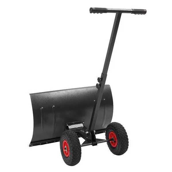 Snowplow next to a driveway showing the size and wheel placement