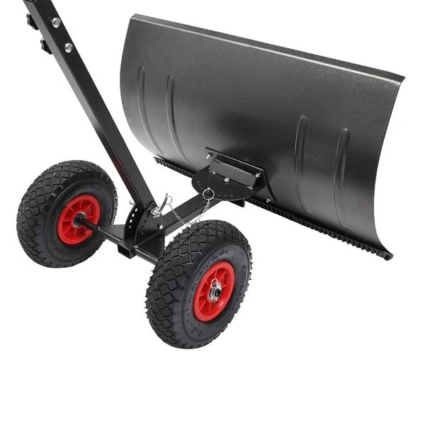 Black steel snowplow blade with angled frame and two red-rim pneumatic tires on a white background