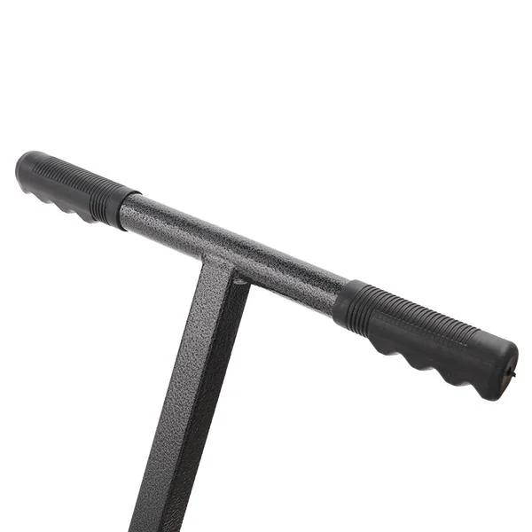 Snowplow standing upright with the shovel facing forward