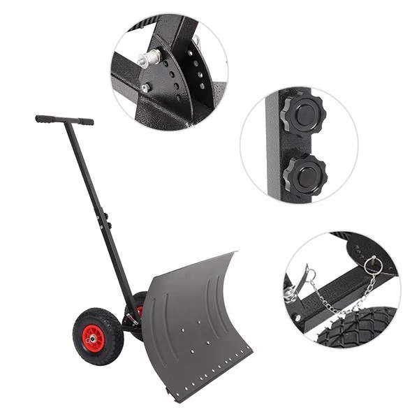 Black wheeled snow plow with curved blade, red-rim wheels, and circular detail insets showing adjustment holes, knobs and pin