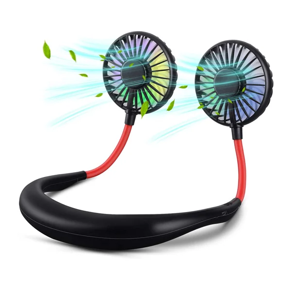 Wearable neck fan with two round fan heads on flexible red arms attached to a black neck band, on white background