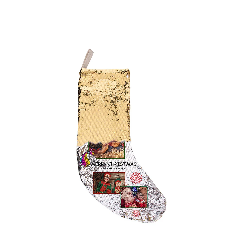 Gold and silver reversible sequin Christmas stocking with printed Merry Christmas photo collage design on white background