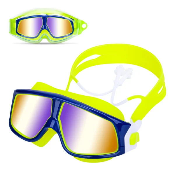 Yellow and blue wide-view swimming goggles with mirrored lenses, adjustable strap and earplugs, shown from two angles
