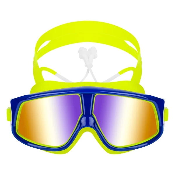 Blue-framed swimming goggles with yellow strap, mirrored purple-gold lenses and white earplugs on a white background