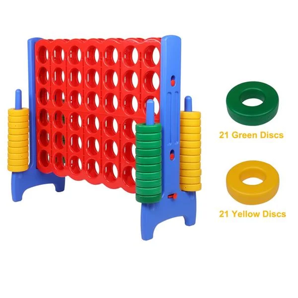Large red and blue four-in-a-row game set with stacked yellow and green discs, with disc close-ups labeled 21 green and 21 yellow