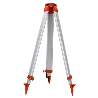 Orange and silver aluminum surveying tripod stand with three splayed legs, clamp levers and pointed steel feet