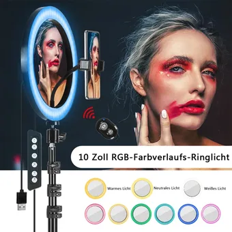 Ring light on tripod with phone mount illuminating model's face, showing remote and color modes.
