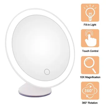 Round LED magnifying makeup mirror with icons for fill-in light, touch control, 10X magnification and rotation
