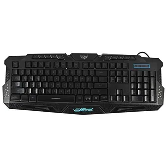 Black gaming keyboard featuring an ergonomic design, textured sides, and a glowing logo on the palm rest.