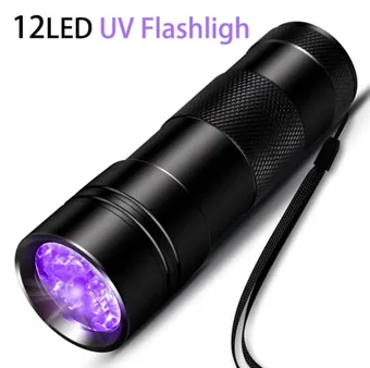 12-LED UV flashlight with aluminum alloy body, standing upright on a workbench