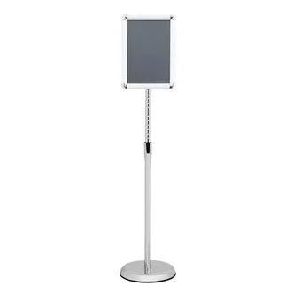 Silver aluminum adjustable-height poster stand with snap-on A4 sign frame on round floor-standing base