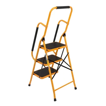 Three-step folding steel ladder with yellow frame, black anti-slip treads and padded handrails on a white background