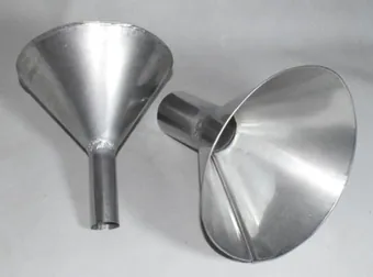 Two 304 stainless steel conical funnels with long spouts lying on a plain white background