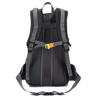 Back view of a black 35L outdoor sports backpack with padded mesh shoulder straps, sternum buckle and hip belt