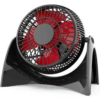 Black personal desk fan with red blades mounted on a curved 360-degree rotating stand, on white background.