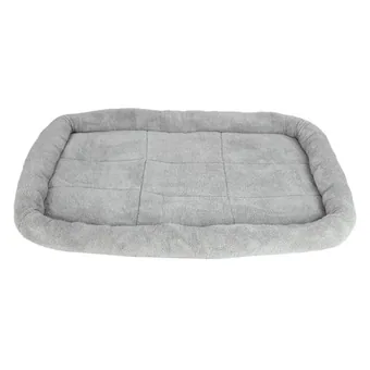 Gray plush rectangular dog bed with soft padded bolster edges on a white background