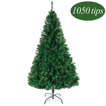 Green artificial Christmas tree with dense branches on a folding metal stand, white background, 1050 tips label