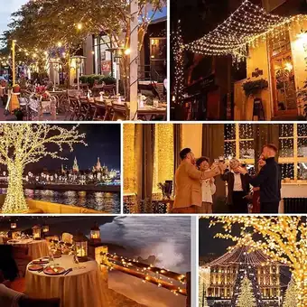 Collage of six evening scenes showing warm solar fairy string lights wrapped on trees, draped over a building facade, and decorating tables and parties