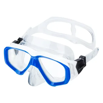Adult diving mask with blue frame, white silicone skirt, clear lenses and adjustable head strap
