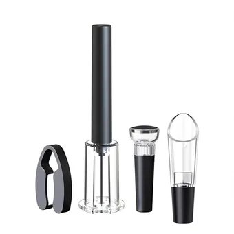 Four-piece wine accessory set with black air pressure pump corkscrew, foil cutter, vacuum stopper and aerating pourer on white background