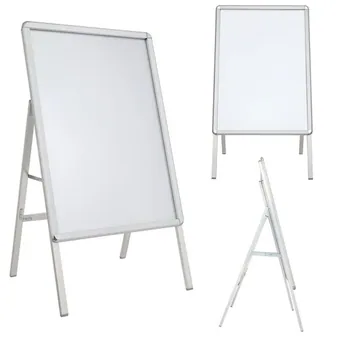 Silver aluminum 32mm A-frame poster stand shown from front, back, and folded angles on a white background