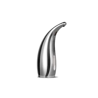 Polished chrome automatic touchless soap dispenser with curved spout on a white background