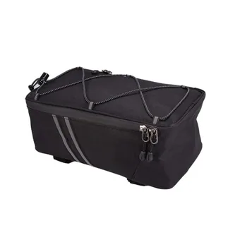 Black waterproof bicycle rear rack pannier bag with elastic bungee cords, reflective strip and zipper pulls on a white background.