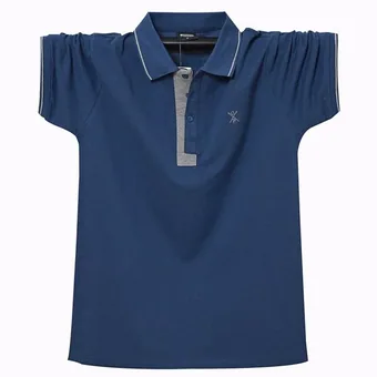 Navy blue men's short sleeve polo shirt with a contrasting grey button placket and white collar piping.