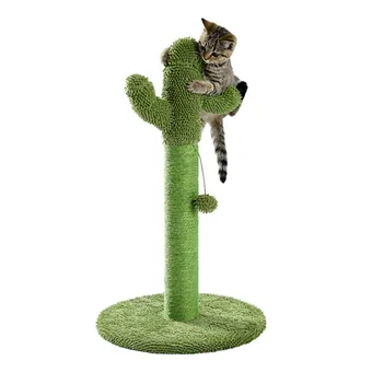 Green cactus-shaped cat scratching post with sisal base and a tabby kitten climbing it
