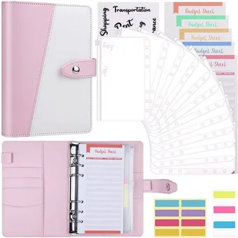 Pink and white A6 budget binder with cash envelopes, budget sheets, and colorful label stickers.