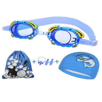 Blue children's swimming goggles set with shark-design swim cap, mesh drawstring bag, and blue ear