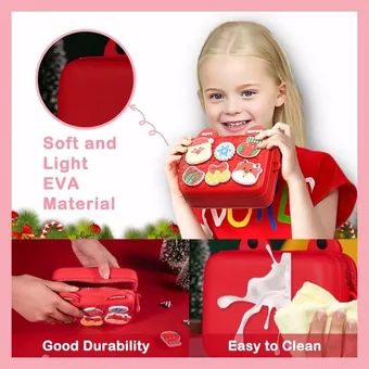 Young girl holding a red candy-themed crossbody bag with decorative patches.