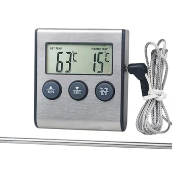 Digital stainless steel oven thermometer timer with probe and coiled wire displaying set and current temperatures
